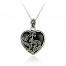 Sterling Silver Marcasite & Onyx Heart Pendant P10459O
