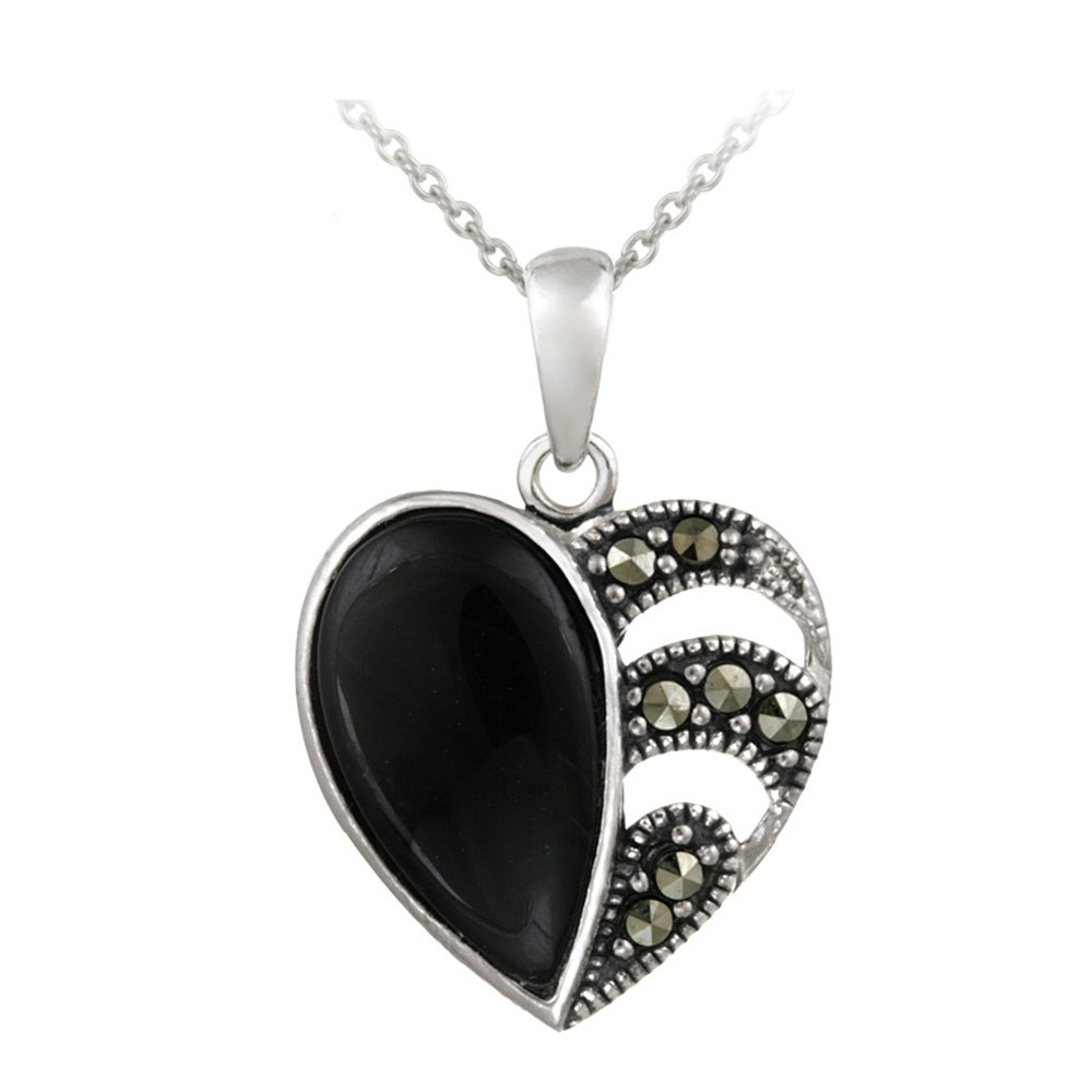 Sterling Silver Marcasite & Onyx Heart Pendant P12184O