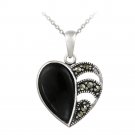 Sterling Silver Marcasite & Onyx Heart Pendant P12184O