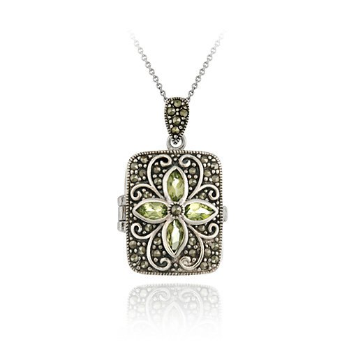 Sterling Silver Marcasite & Peridot Flower Locket Pendant P2804PD
