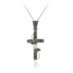 Sterling Silver Marcasite & Simulated Pearl Filigree Cross Pendant 1380