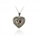 Sterling Silver Marcasite and Garnet Filigree Heart Locket Pendant P11266G