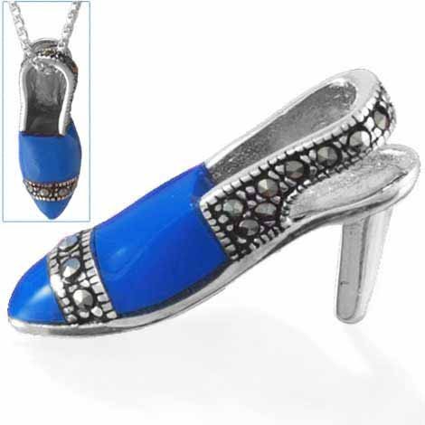 Sterling Silver Marcasite Blue High-Heel Shoe Charm Pendant 2268