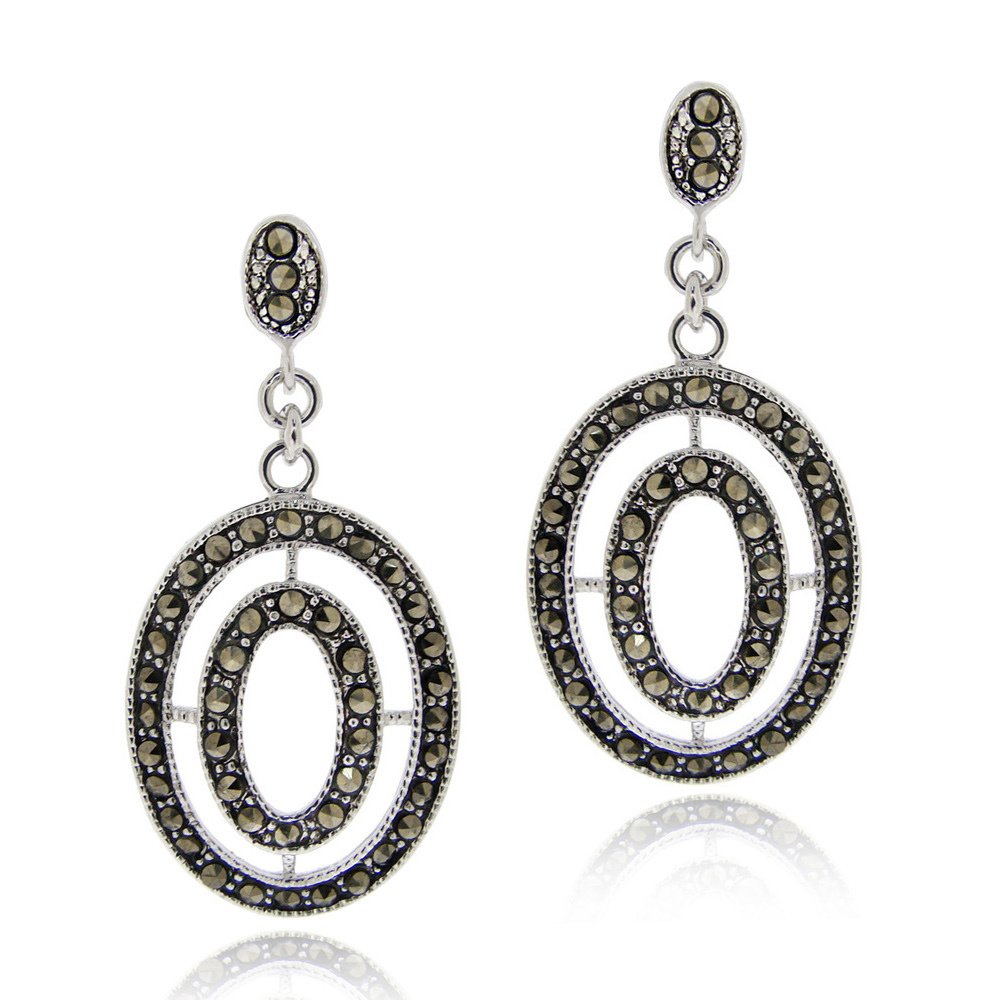 Sterling Silver Marcasite Double Oval Dangle Earrings E12087