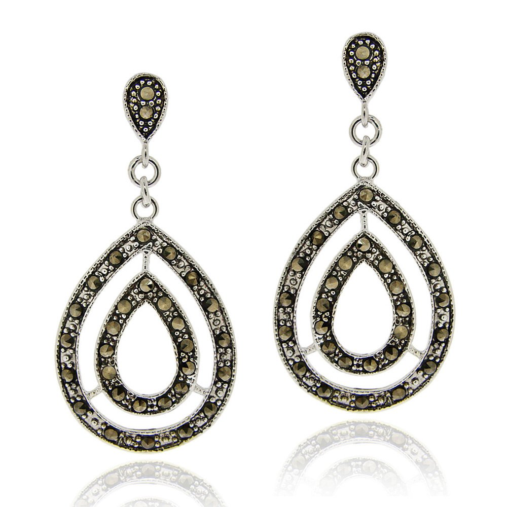 Sterling Silver Marcasite Double Teardrop Dangle Earrings E12086