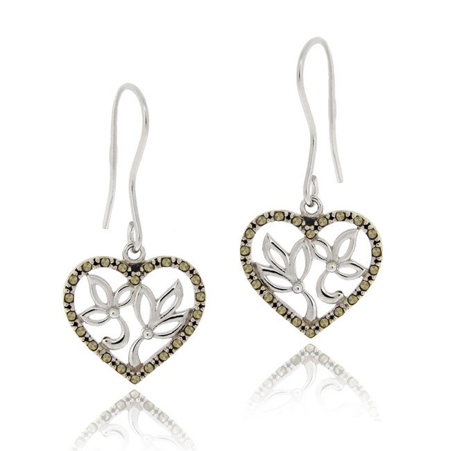 Sterling Silver Marcasite Filigree Heart Dangle Earrings E12187