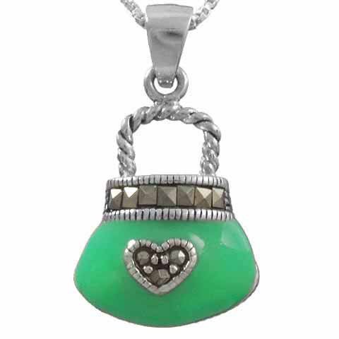 Sterling Silver Marcasite Green Purse Pendant 2273