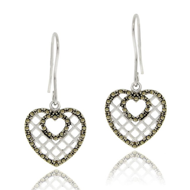 Sterling Silver Marcasite Grid Heart Dangle Earrings E12186