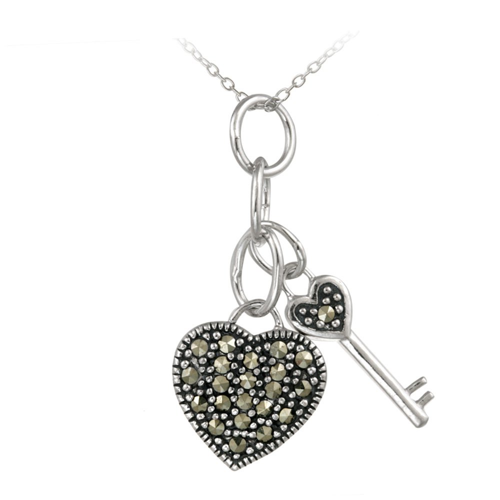 Sterling Silver Marcasite Heart & Key Pendant P12181