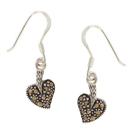 Sterling Silver Marcasite Heart Shaped Dangle Earrings E10648