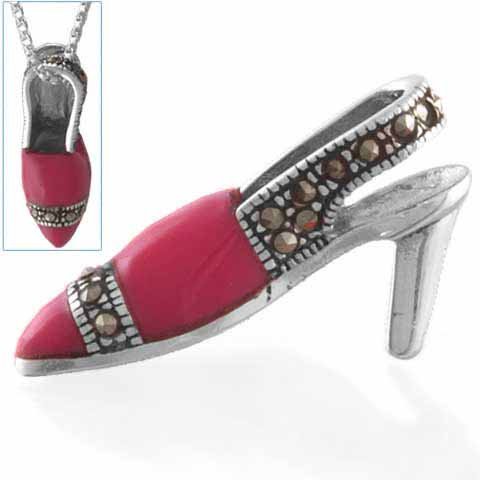 Sterling Silver Marcasite Pink High Heel Shoe Pendant 2266