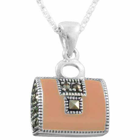 Sterling Silver Marcasite Pink Purse Pendant 2274