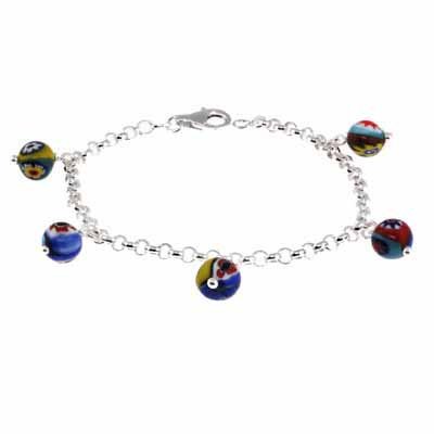 Sterling Silver Millefiori Multi Color Murano Glass Bead Bracelet B4268M