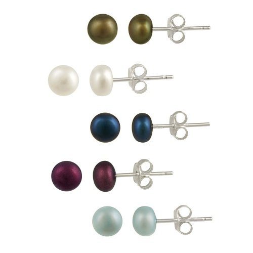 Sterling Silver Multi Color 5-6mm Freshwater Cultured Pearl Stud Earrings (Set of 5) S10450M1