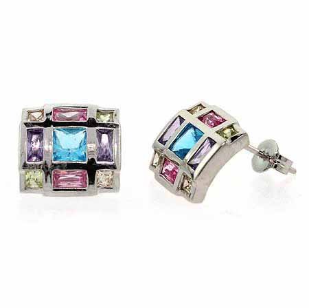 Sterling Silver Multi Color CZ Square Stud Earrings E4175MZ