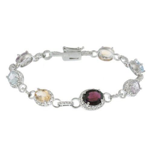 Sterling Silver Multi Color Gemstone & CZ Oval Link Bracelet B11120M