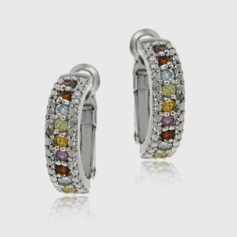 Sterling Silver Multi Color Gemstone & Diamond Half Hoop Earrings E11109M