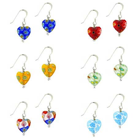 Sterling Silver Multi Color Murano Glass Heart Dangle Earrings Set S9386