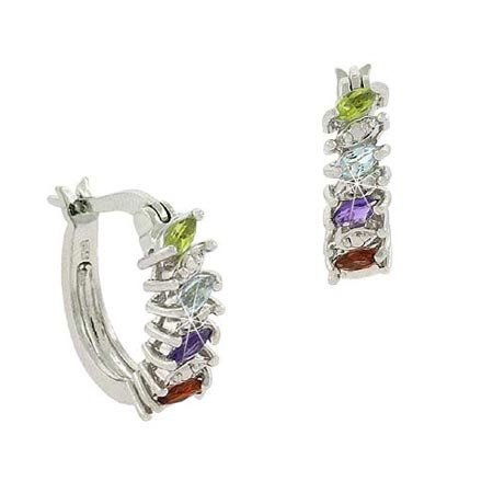 Sterling Silver Multi Gemstone & Diamond Accent Half Hoop Earrings E9773M