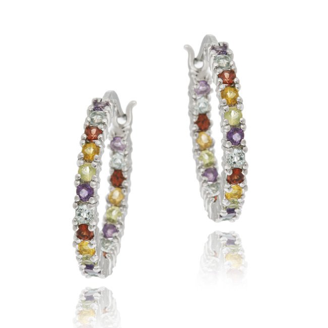 Sterling Silver Multi Gemstone Semi-Precious Hoop Earrings E10454M