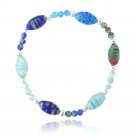 Sterling Silver Multi-Blues Millifiori Murano Glass Oval & Bead Stretch Bracelet B13338M12
