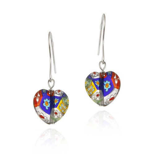 Sterling Silver Multi-Color Millefiori Murano Glass Heart Earrings E9250M