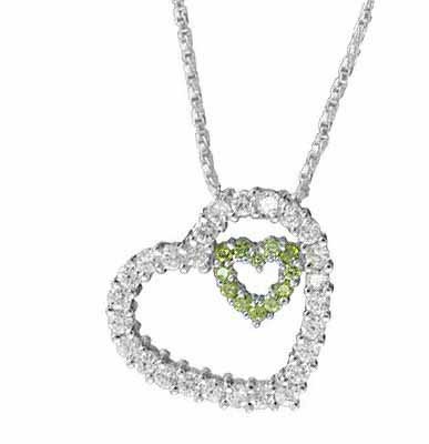 Sterling Silver Olive & Clear CZ Floating Heart within a Heart Pendant 2174