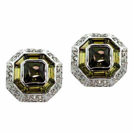 Sterling Silver Olive Green & White CZ Octagon Earrings E5069OL