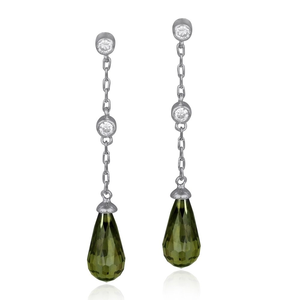 Sterling Silver Olive Green & White CZ Teardrop Dangle Earrings E5040OL