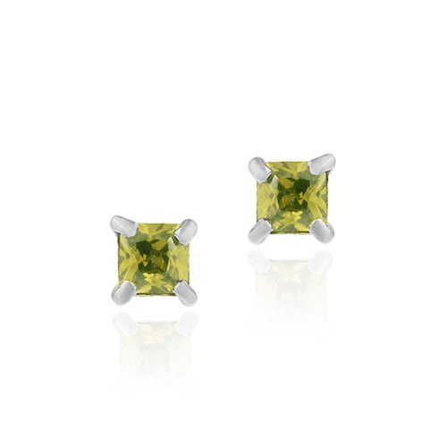 Sterling Silver Olive Green CZ 4mm Square Stud Earrings E2400OL
