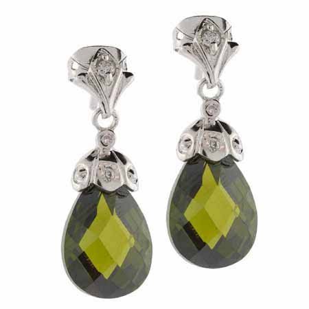 Sterling Silver Olive Green CZ Raindrop Earrings E8091OL