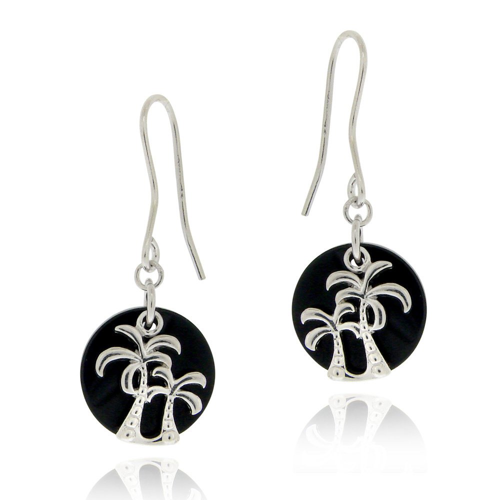 Sterling Silver Onyx & Palm Tree Dangle Earrings E12296O