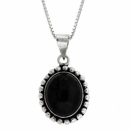 Sterling Silver Onyx Bali Bead Oval Pendant P8403CBO