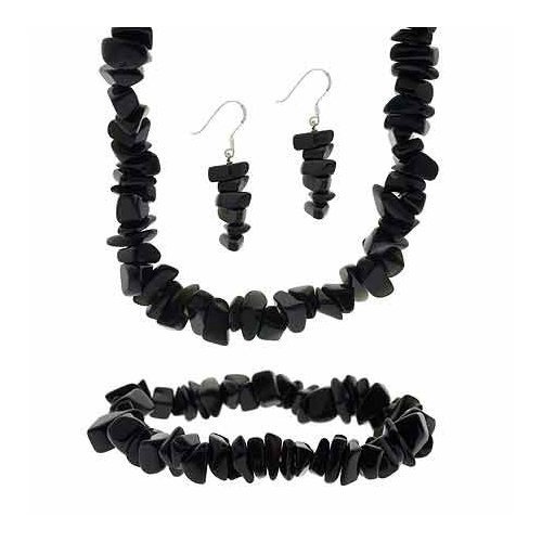 Sterling Silver Onyx Chip Dangle Earrings, Stretch Bracelet, & Necklace Jewelry Set S9156O