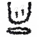 Sterling Silver Onyx Chip Dangle Earrings, Stretch Bracelet, & Necklace Jewelry Set S9156O