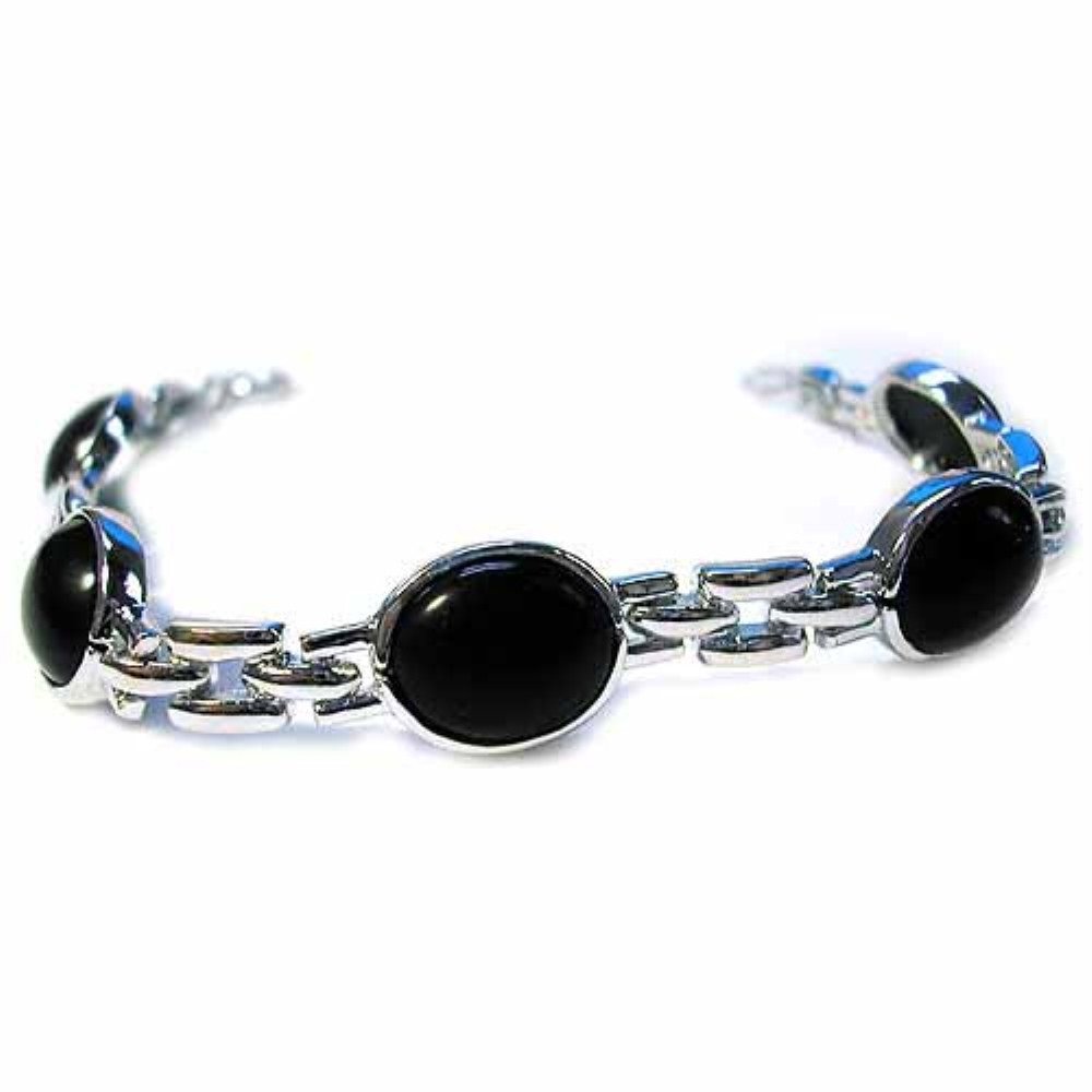 Sterling Silver Onyx Oval Bar Link Bracelet 1116