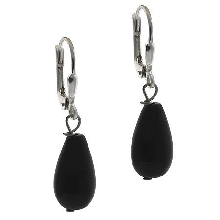 Sterling Silver Onyx Stone Teardrop Lever-Back Earrings E9917O
