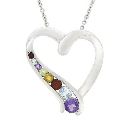 Sterling Silver Open Heart Multi Color Gemstone Journey Pendant P10485M