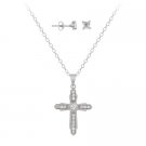 Sterling Silver Pave CZ Cross Pendant & Square Stud Earrings Set S11080