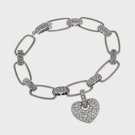 Sterling Silver Pave CZ Rectangle Link Bracelet with CZ Heart Charm B10874