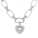 Sterling Silver Pave CZ Rectangle Link Necklace with CZ Heart Charm N10874