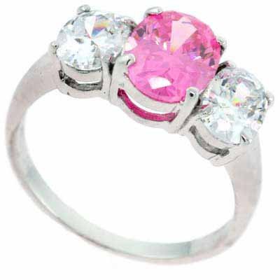Sterling Silver Pink & Clear CZ Three Stone Ring Size 9 R4314LPZ-9
