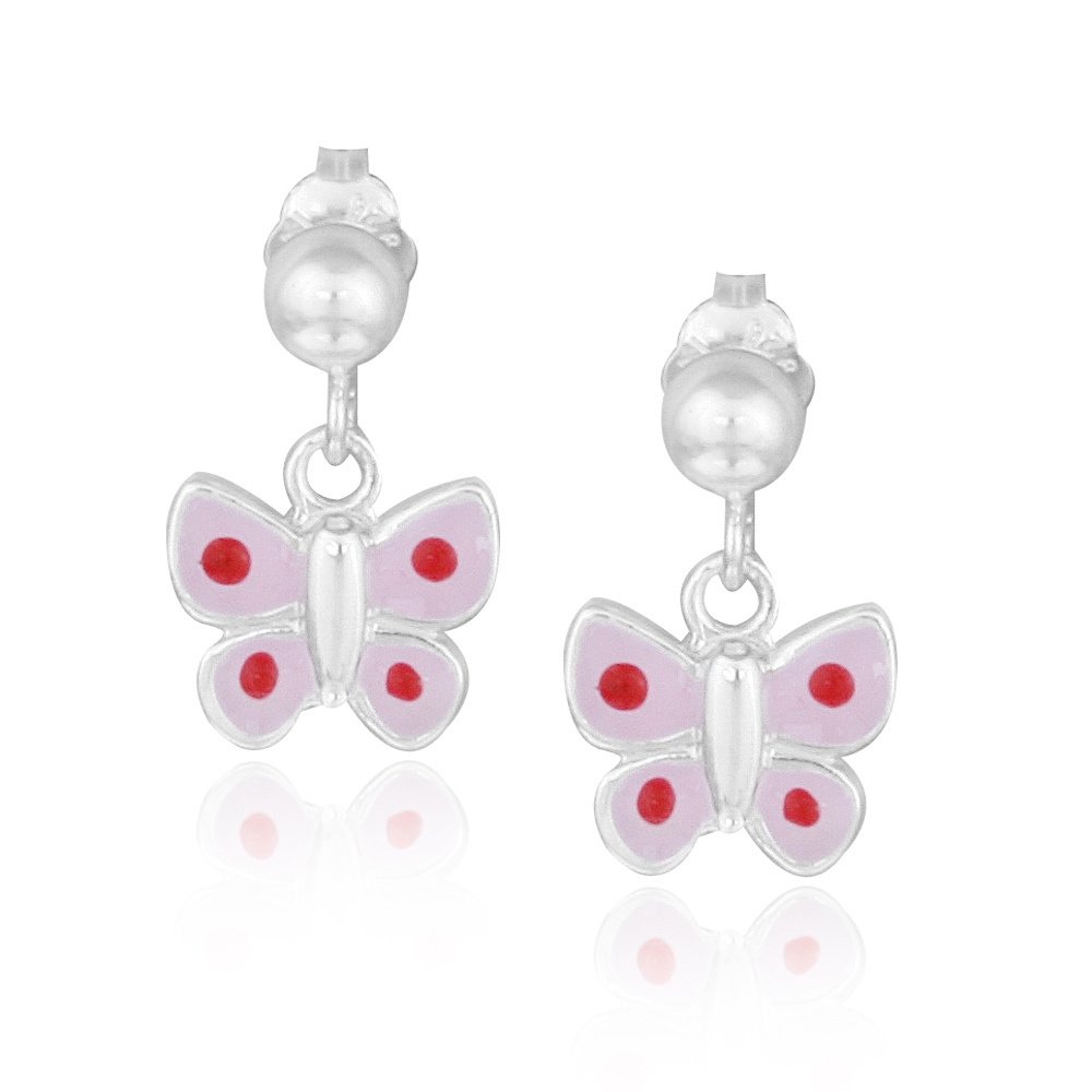 Sterling Silver Pink & Red Enamel Butterfly Girls Dangle Earrings E13747M