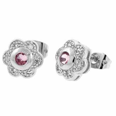 Sterling Silver Pink & White CZ Flower Stud Earrings E4281LPZ