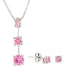 Sterling Silver Pink cz Past Present and Future Earring and Pendant Jewelry Set S4908LPZ