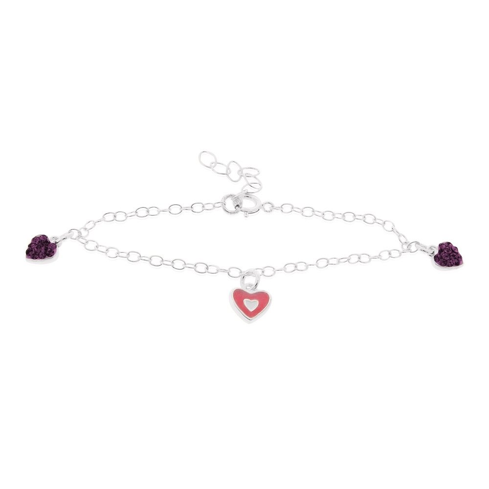 Sterling Silver Purple Crystal & Pink Enamel Hearts Baby Bracelet B13741M