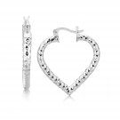 Sterling Silver Rhodium Plated Heart Style Hoop Diamond Cut Earrings D165211
