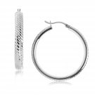 Sterling Silver Rhodium Plated Hoop Marquise Motif Diamond Cut Earrings (30mm) D179133
