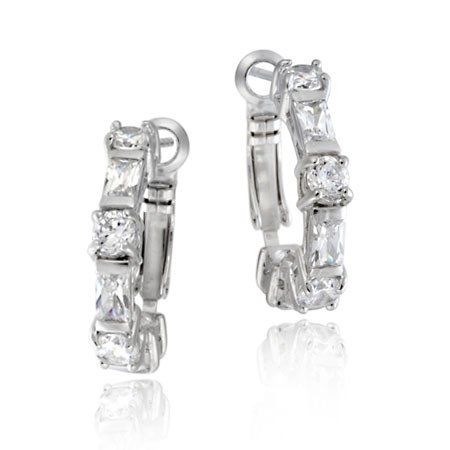 Sterling Silver Round & Rectangle CZ Half Hoop Earrings H10895