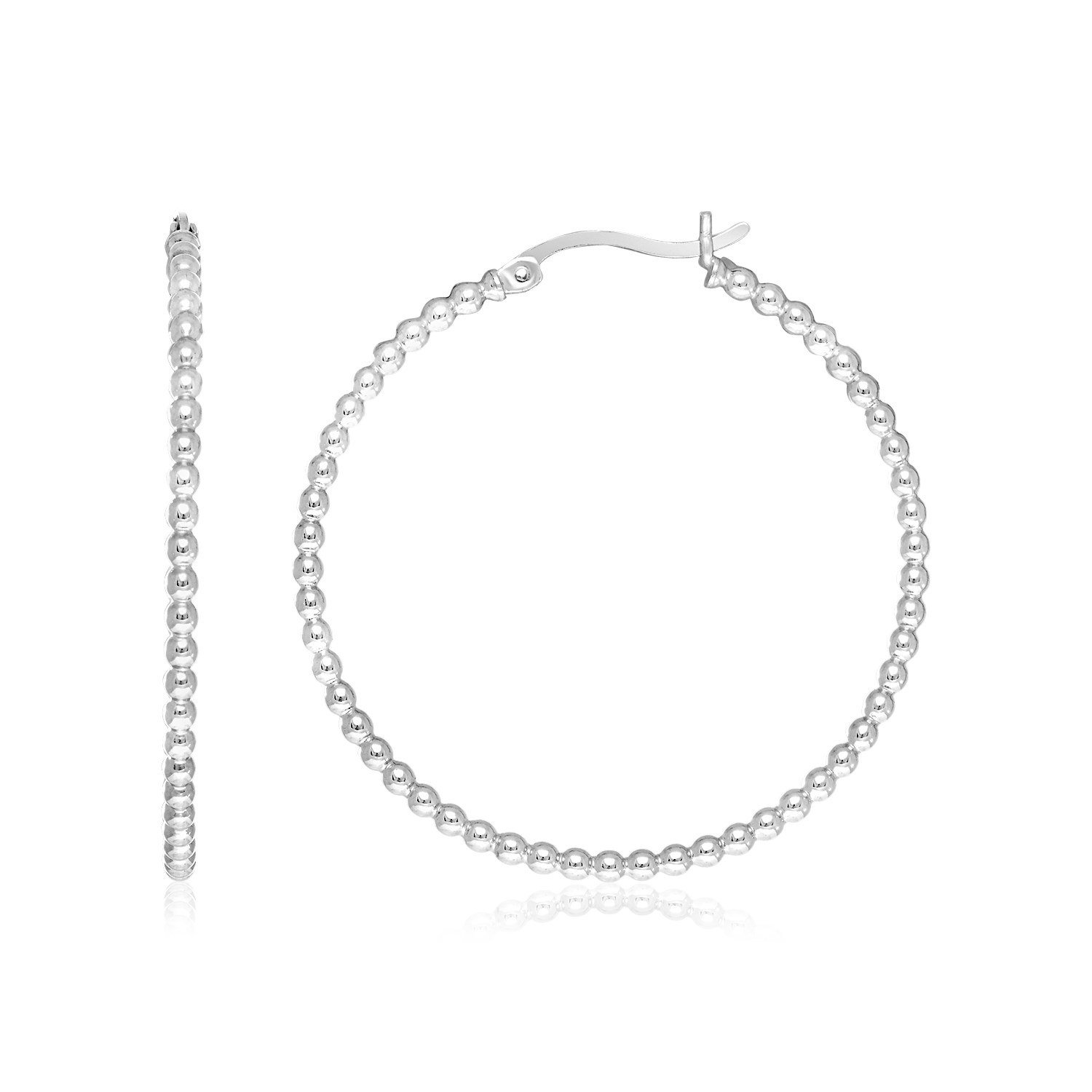 Sterling Silver Round Hoop Earrings with Beaded Texture Sterling Silver